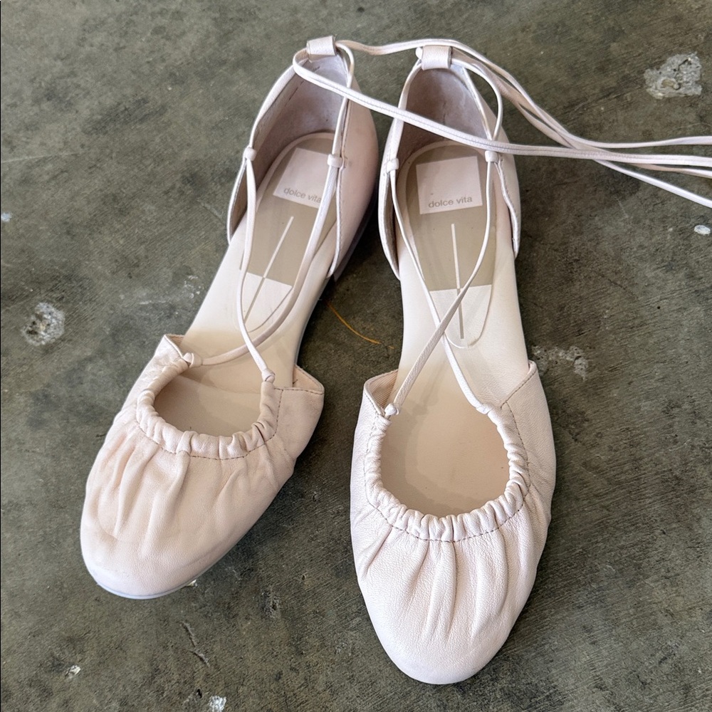 Dolce Vita Blush Leather Gathered Toe Ballet Flats with Ankle Ties